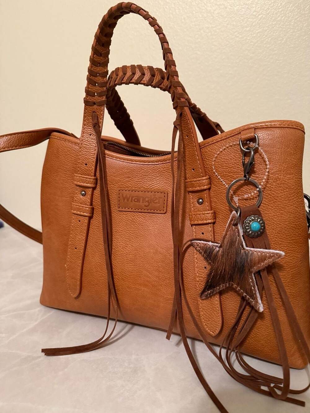 Wrangler Brown Leather Satchel Tote Handbag with Braided Handles and Star Charm